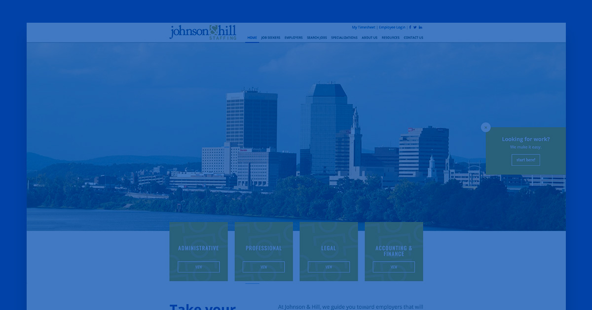 Johnson & Hill website with blue overlay