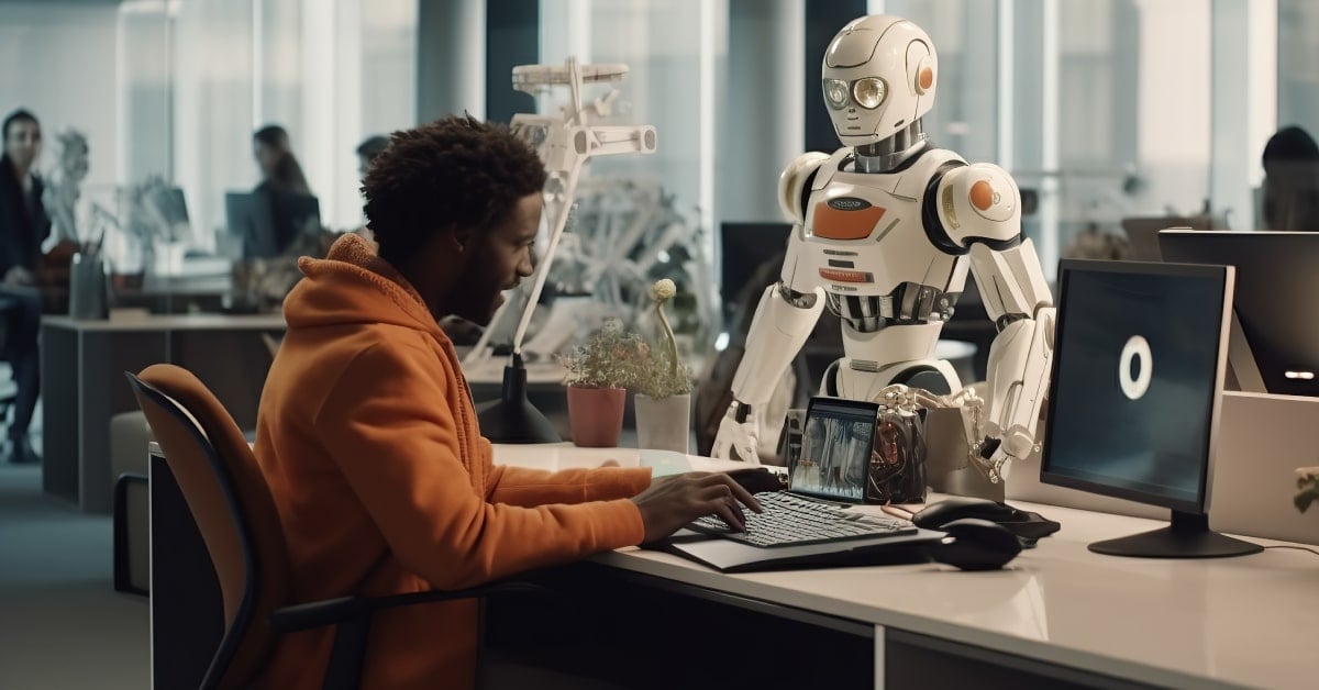 Man typing on keyboard in front of a robot
