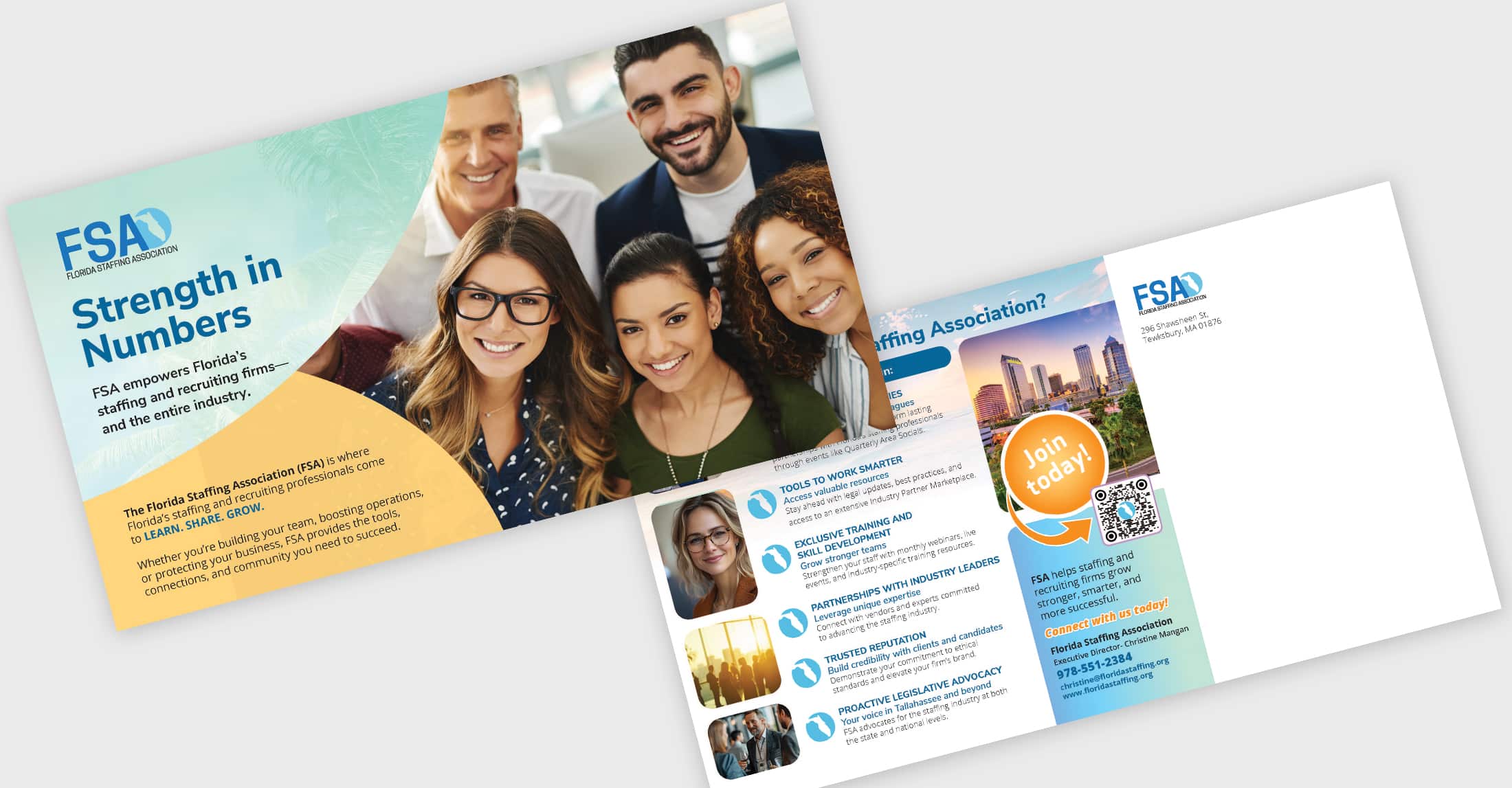 Florida Staffing Association (FSA) sellsheet + postcard visuals