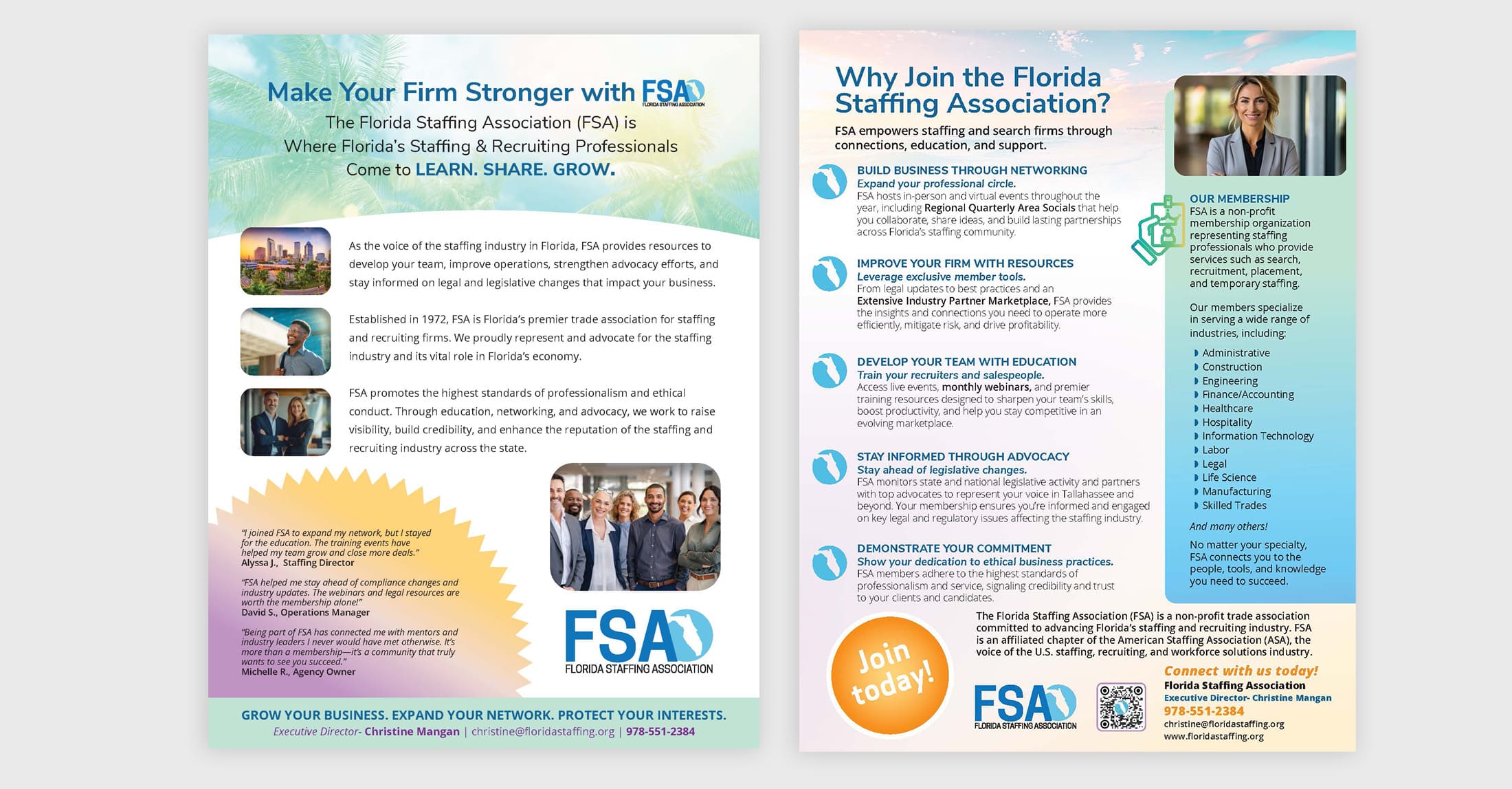 Florida Staffing Association (FSA) sellsheet + postcard visuals